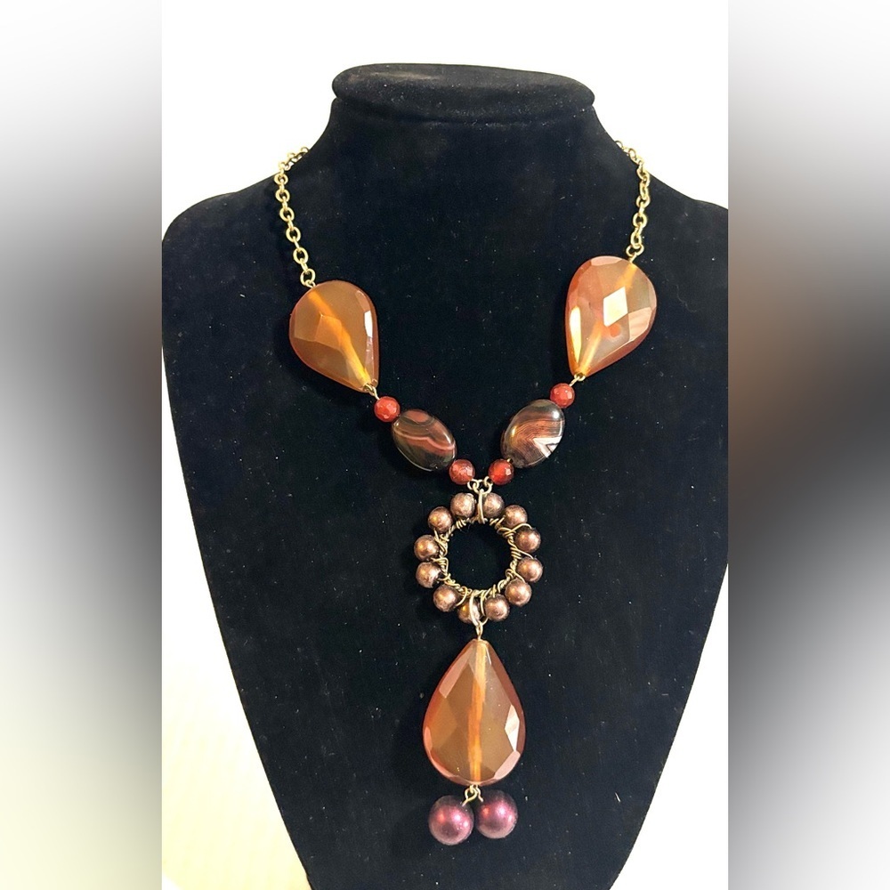 Gold-Tone Necklace with Brown glass stones Teardrop Accents